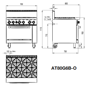 Cookrite 6 Burner Gas Range With Static Oven 900mm Wide AT80G6B-O