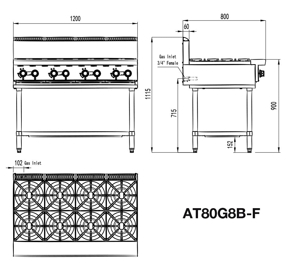 Cookrite 8 Burner Cook Top and Stand AT80G8B-F