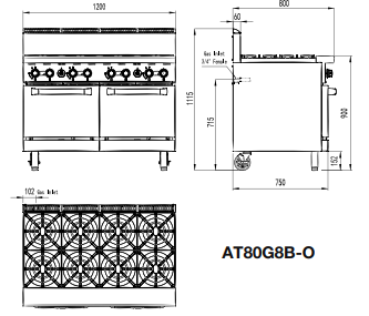 Cookrite 8 Burner Gas Range With Static Oven’s 1200mm Wide AT80G8B-O