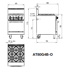 Cookrite 4 Burner Gas Range With Static Oven 600mm Wide AT80G4B-O